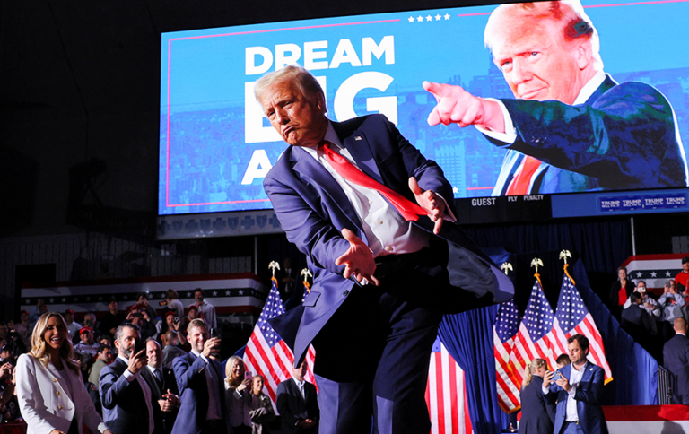 Donald Trump shown at a campaign rally at Van Andel Arena in Grand Rapids, Michigan, on November 5.