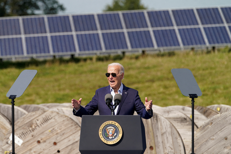 President Joe Biden speaking during a visit to Vernon Electric Cooperative in Westby, Wisconsin, in September. For Minnesota’s solar industry, the biggest concern is an early drawdown or outright repeal of the popular clean energy investment tax credit.