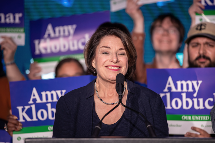 Sen. Amy Klobuchar speaking to attendees at the DFL election night gathering at the Intercontinental Hotel in St. Paul on Tuesday night.