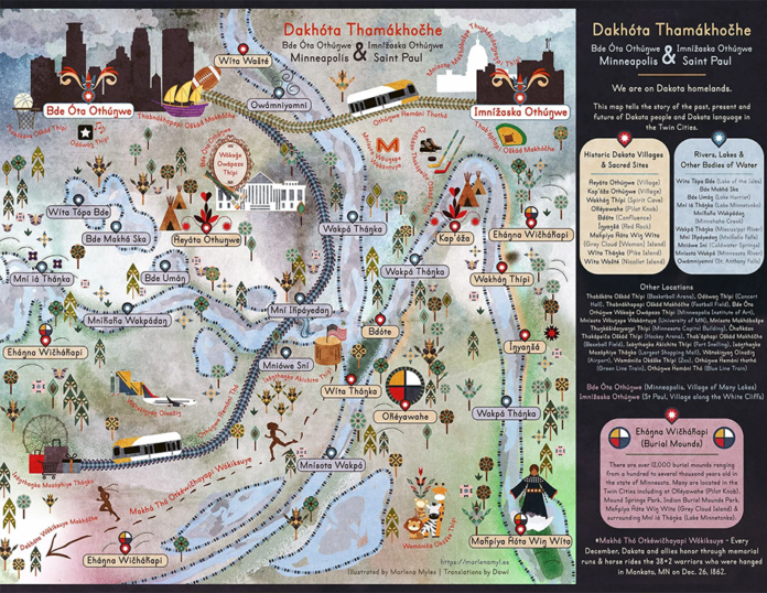 Map of Minneapolis (Village of Many Lakes) and St. Paul (Village along the White Cliffs) by Marlena Myles.