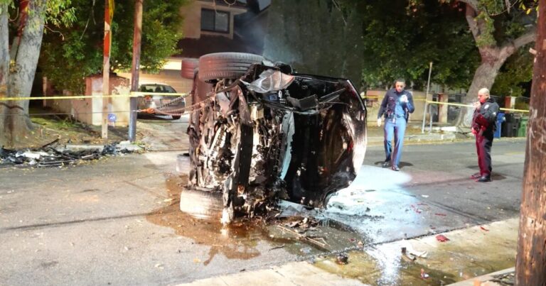 Lamborghini fleeing CHP flips over and catches fire in Tarzana