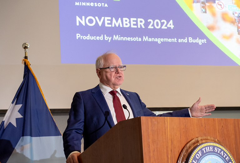 Gov. Tim Walz at Wednesday’s press conference: “As you can see, Minnesota continues to be in a strong place.”