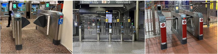 In a presentation for Metro Transit prepared by the HNTB Corporation, fare barrier options showcased include leaf gates, paddle gates or turnstiles.