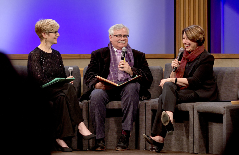 Hosts Cathy Wurzer and Eric Eskola interviewing Sen. Amy Klobuchar during the 40th anniversary broadcast of TPT’s “Almanac.”